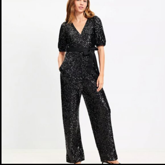 ANN TAYLOR LOFT BLACK SEQUIN TIE SASH SATIN BELTED JUMPSUIT JUMPER $150 4 P - Picture 1 of 6